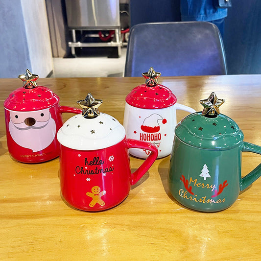 Christmas Ceramic Cup Mug With Cover With Spoon Coffee Cup