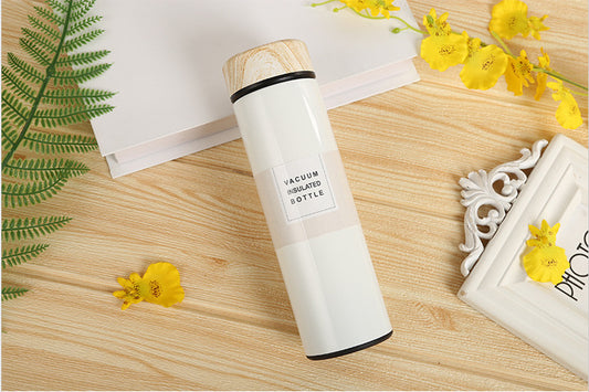 Stainless Steel Vacuum Flask with Stylish Wood Grain Cover - Creative and Cute Design