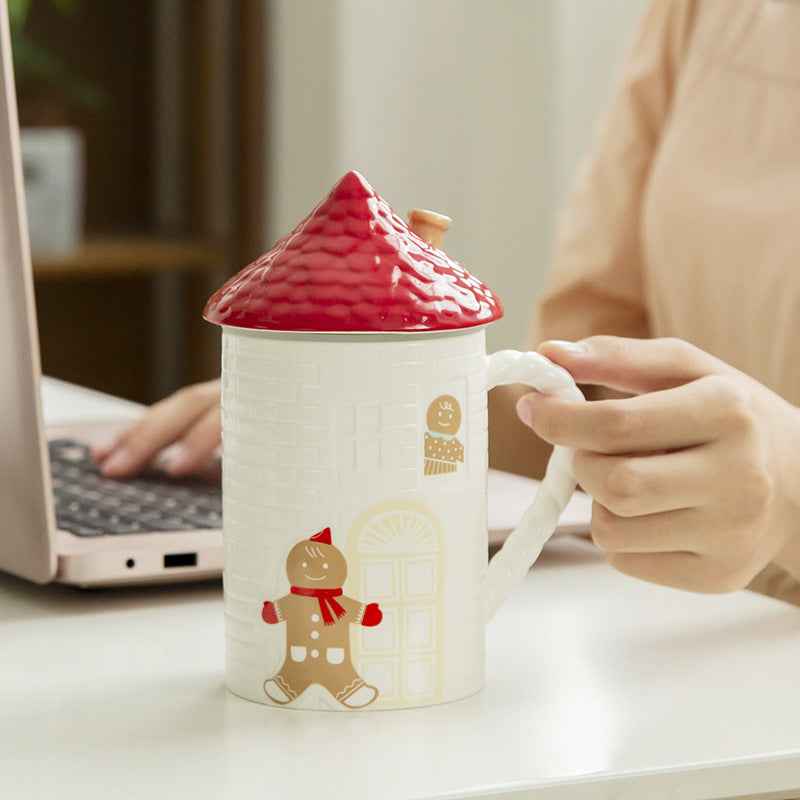 Gingerbread Man Red House Water Cup House Cottage Mug Coffee Cup With Lid
