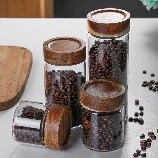 Acacia Wood Storage Tank with Glass Lid and Threaded Seal for Kitchen Organization