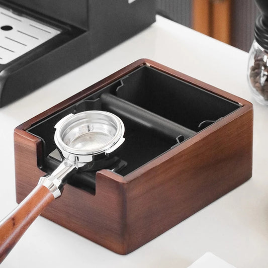 All-in-one wooden espresso tamping station and knock box for home coffee lovers. Shop now!