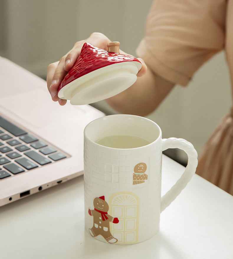 Gingerbread Man Red House Water Cup House Cottage Mug Coffee Cup With Lid