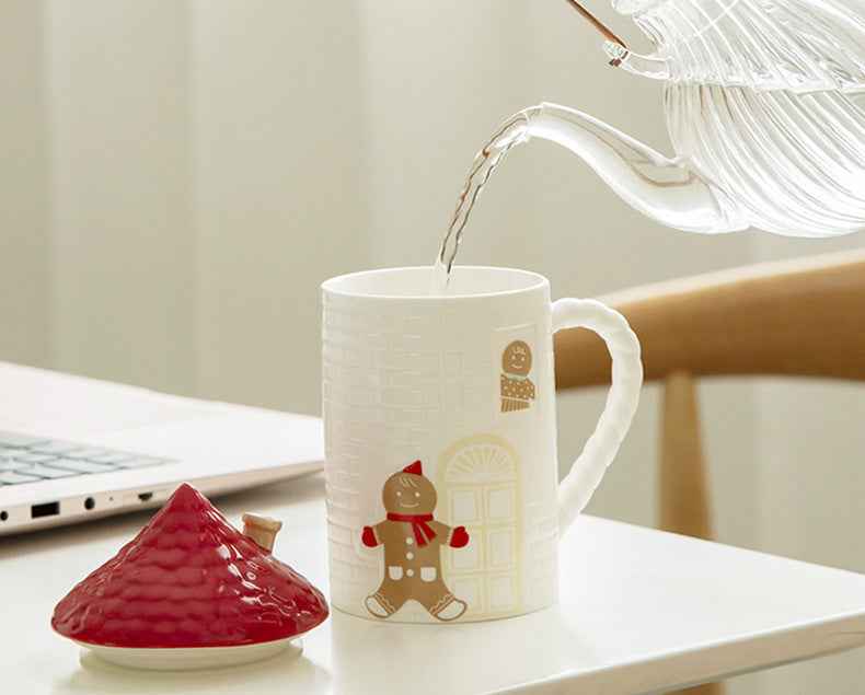 Gingerbread Man Red House Water Cup House Cottage Mug Coffee Cup With Lid
