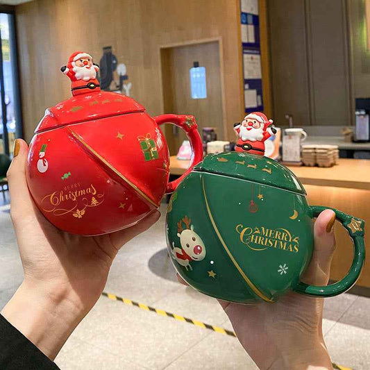 Christmas Mug Ceramic Cartoon With Lid Spoon Mug Large Capacity