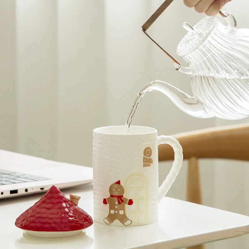 Gingerbread Man Red House Water Cup House Cottage Mug Coffee Cup With Lid