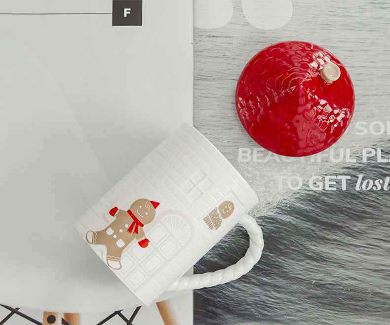 Gingerbread Man Red House Water Cup House Cottage Mug Coffee Cup With Lid