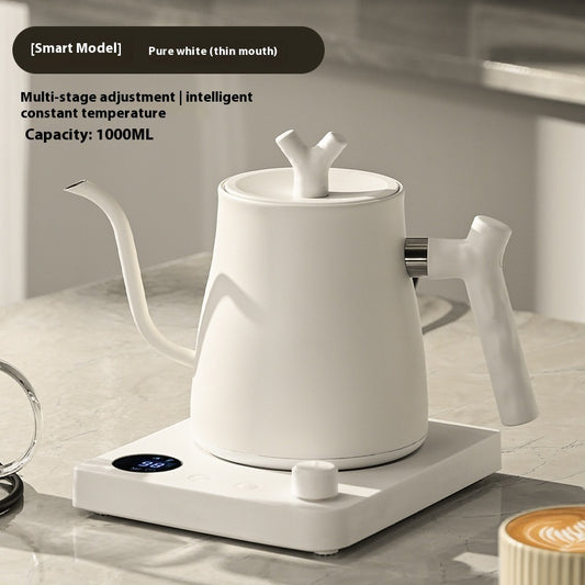 White electric kettle on a kitchen counter with text about its features.
