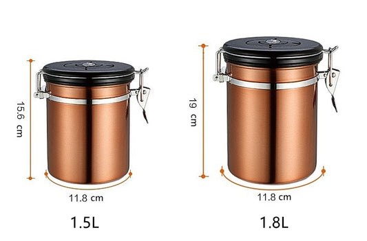 A comparison image showing two bronze coffee canisters, one 1.5L and one 1.8L, with their dimensions (height and diameter). Shop now