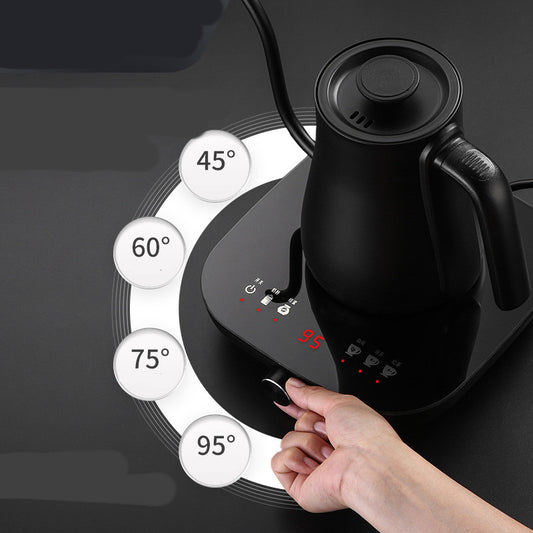 Hand setting temperature on smart gooseneck kettle, showing precise temperature options for coffee and tea.