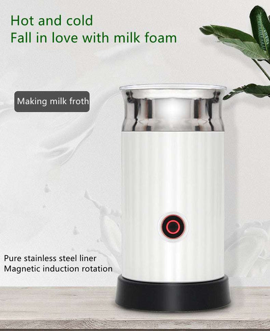Hot and cold electric milk frother with a stainless steel liner for creating milk foam for lattes and cappuccinos. Shop now