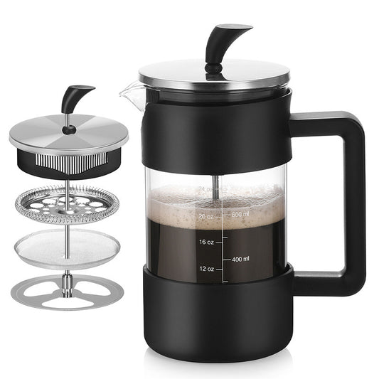 An exploded view of a black and clear borosilicate glass French press coffee maker, showing its individual components: the stirring stick/frother, the lid, the plunger with its multi-layer filter system (mesh filter, coil, and retaining plate), and the main glass carafe with black base and handle, marked with volume measurements (12 oz, 16 oz, 20 oz, 24 oz, and 400 ml, 600 ml).