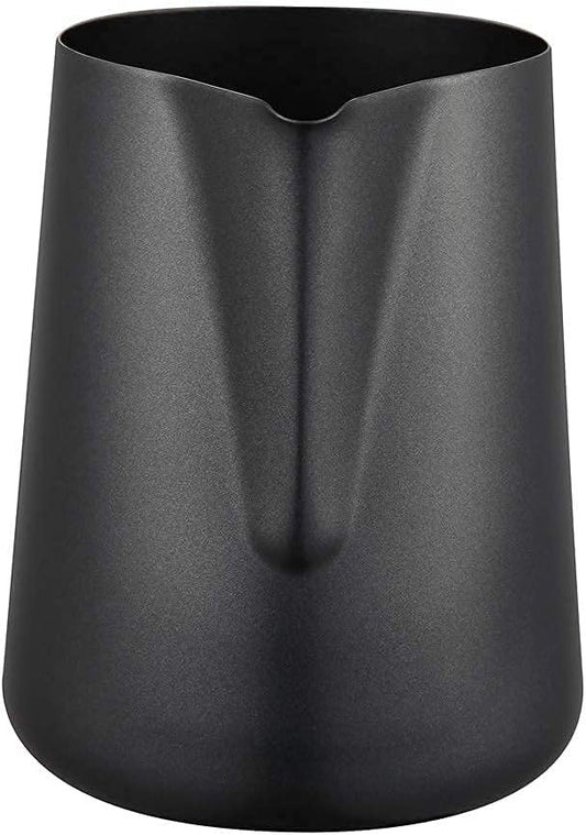 Black stainless steel milk frothing pitcher with latte art pen and cloth. Perfect for home coffee lovers and baristas. 600ml capacity.Shop Now