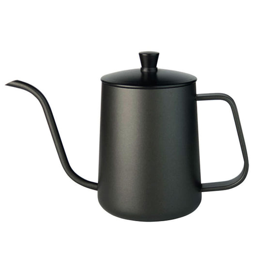 Black 600ml gooseneck pour-over coffee kettle for precise brewing. Stainless steel with matte finish. #CoffeeKettle #PourOver #HomeBarista