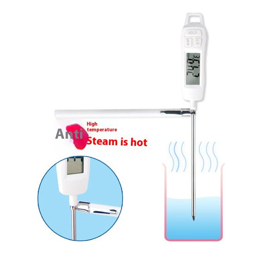 Digital thermometer with a close-up inset showing steam, Shop now