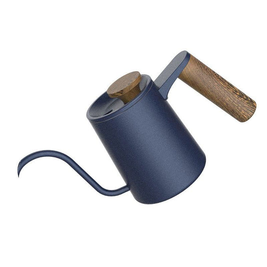 Blue 600ml gooseneck pour-over kettle with wooden handle, perfect for brewing.