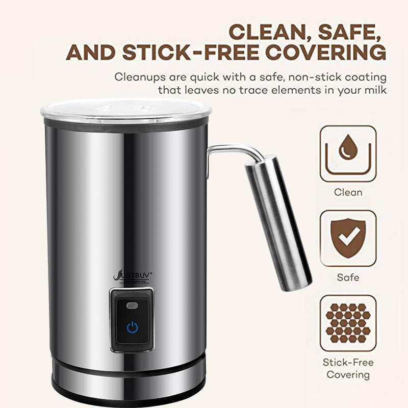 "Justbuy electric milk frother with a clean, safe, and stick-free covering for easy cleaning and maintenance. Non-stick frother for coffee lovers."