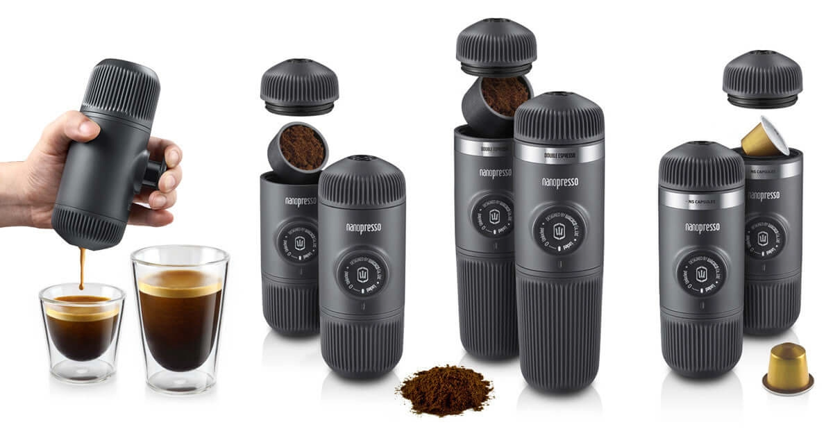 Nespresso coffee pod machine with various components on a white background