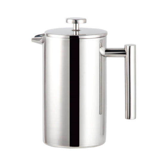 Stainless steel French press on a white background