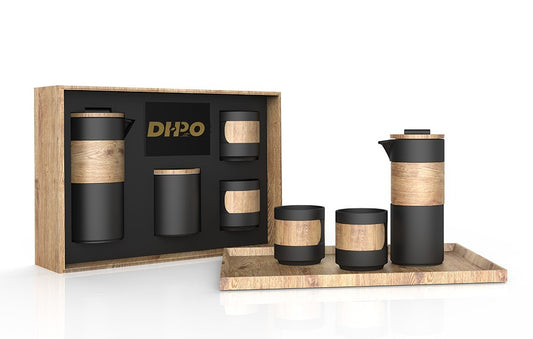DOHO black ceramic coffee tea press gift set with wooden tray and packaging, elegant home brewing, perfect gift for coffee lovers.