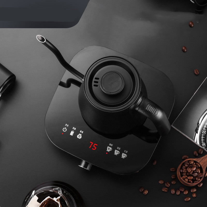 Black smart gooseneck kettle with digital temperature display for pour-over coffee, showing 75 degrees. Ideal for precision brewing at home.