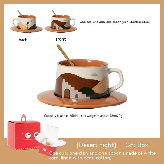 Ceramic cup with saucer, spoon, and gift box on a beige background