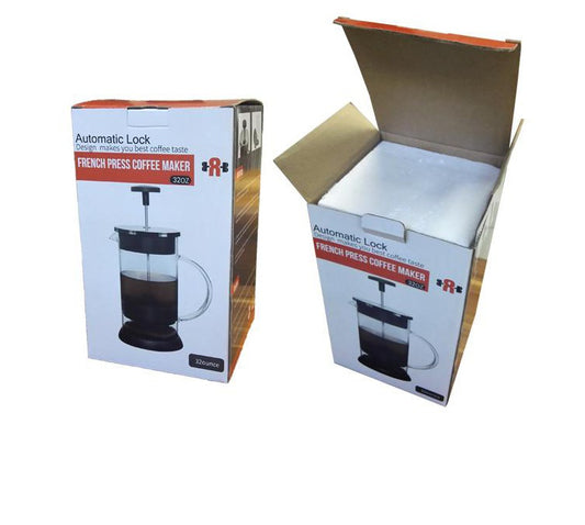 Packaging for 1000ml (32oz) Automatic Lock French Press coffee maker. Secure retail box.