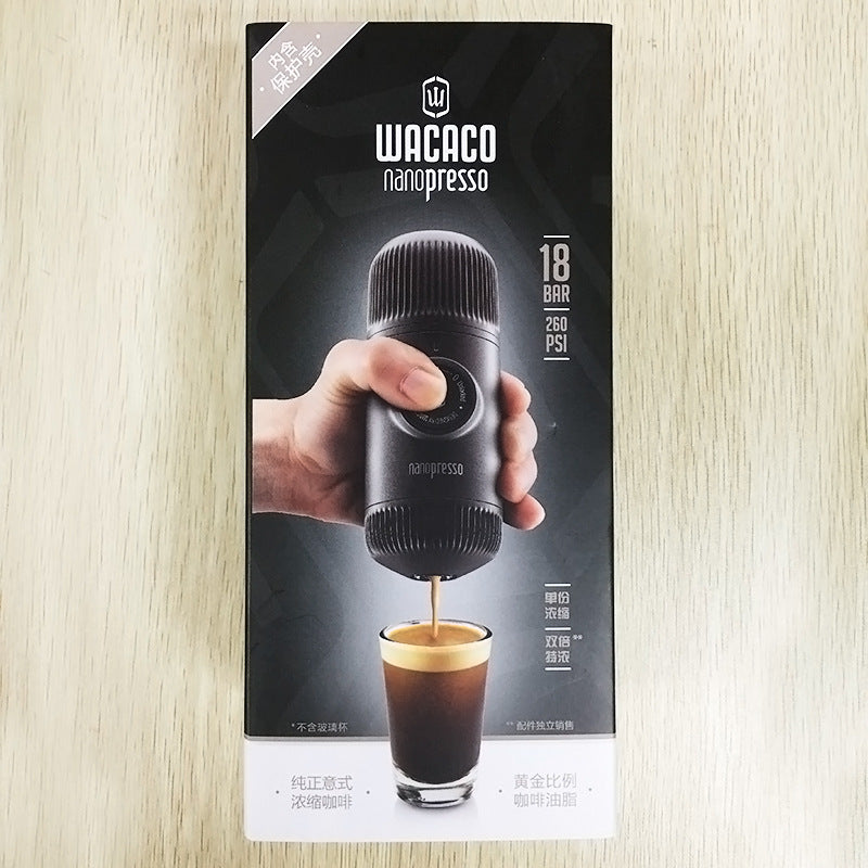Wacaco Nanopresso packaging on a wooden surface