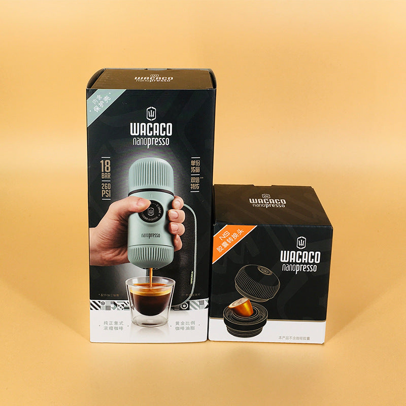 Wacaco Nanopresso coffee machine packaging on a gradient background