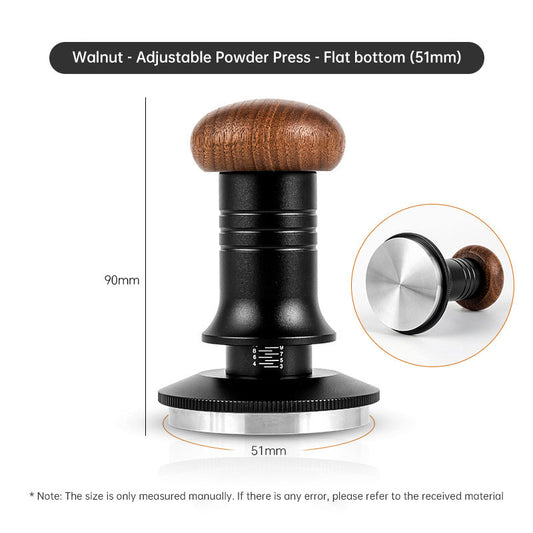 Walnut Handle Adjustable Coffee Tamper front view, 51mm, black and silver, for perfect espresso tamping.