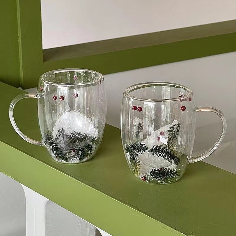 Christmas Snow Pine Branches Heat Resistant Cup Transparent Cup Coffee Cup