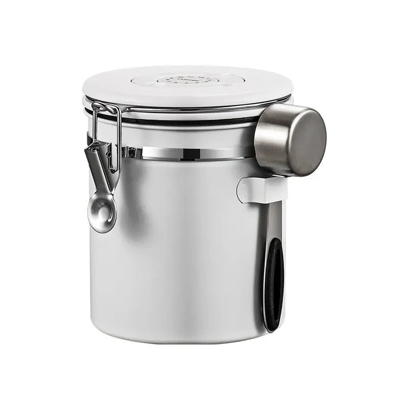 Stainless Steel Storage Tank for Coffee Beans, Tea, and Milk Powder with Scoop and Exhaust System