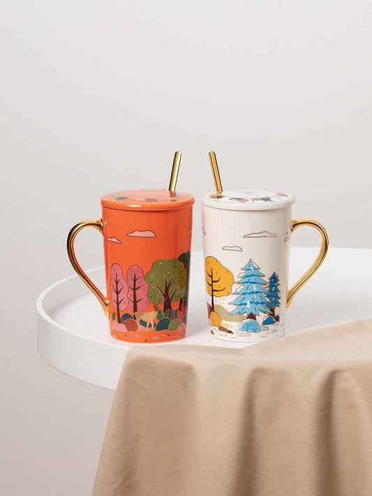 Coffee Ceramic Cup With Lid Spoon