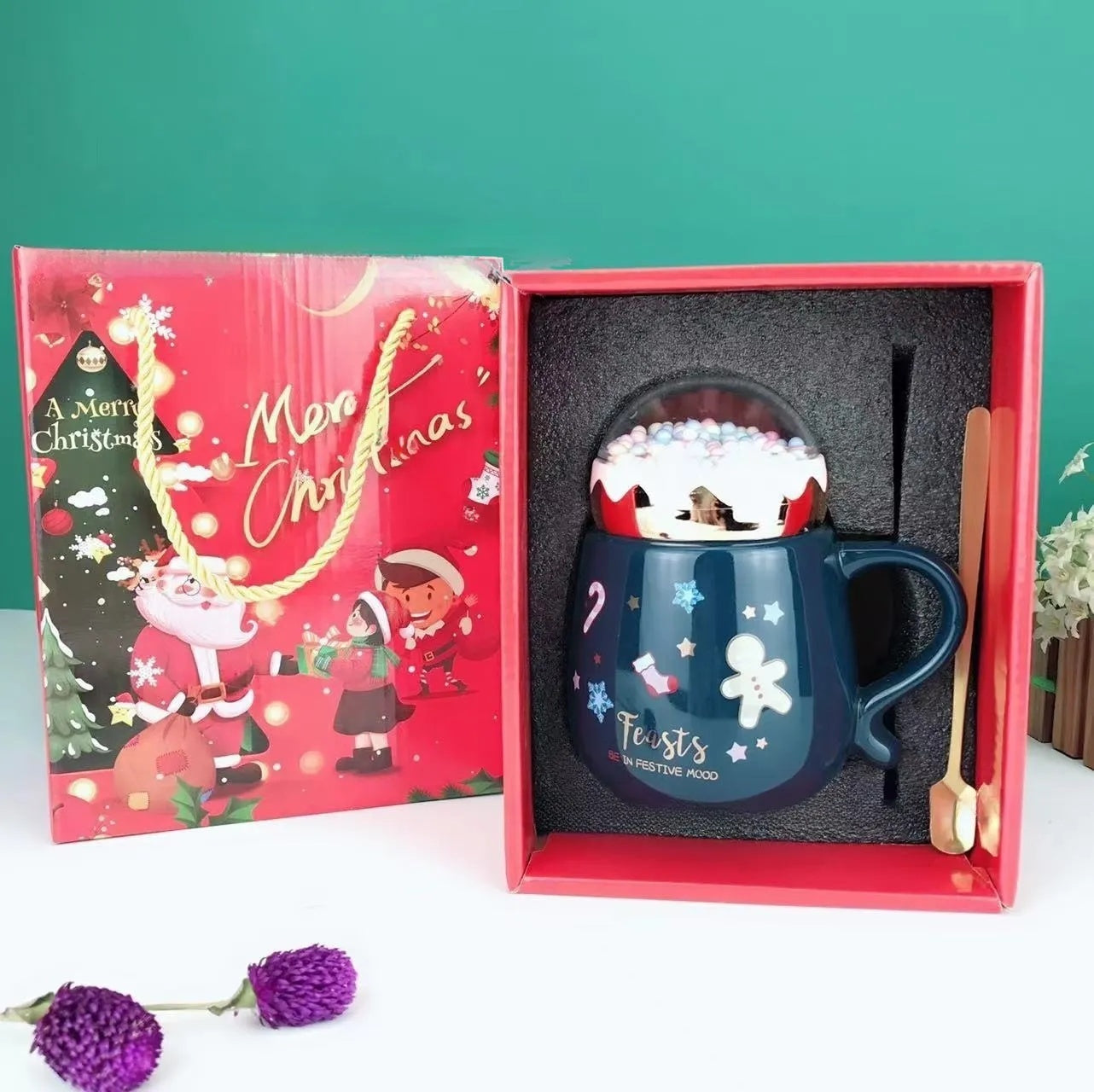 Christmas Mug Set with Lid and Spoon