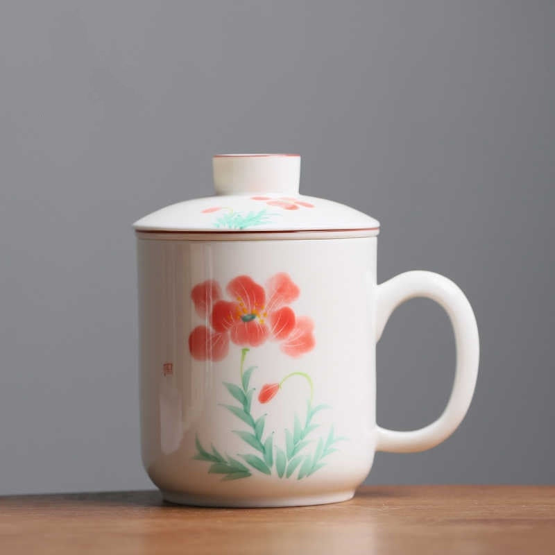 Hand Painted Fusang Mug with Lid - Unique Artisan Ceramic Household Drinkware