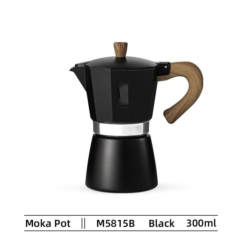Black moka pot with wooden handle on a white background