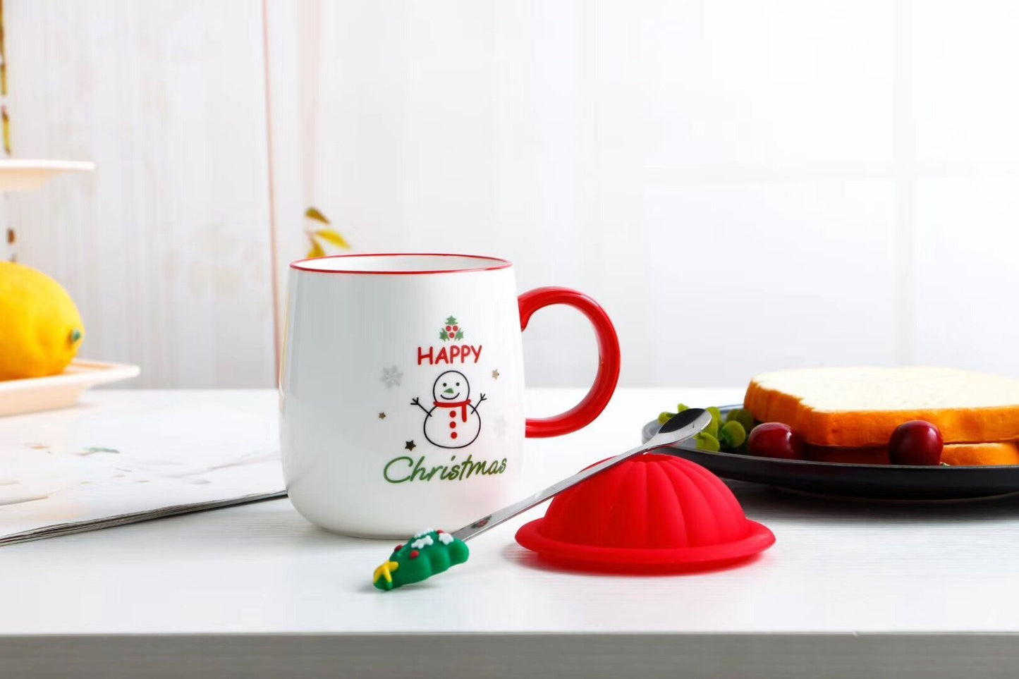 Mug With Lid Spoon  Xmas Cute Ceramic Mug