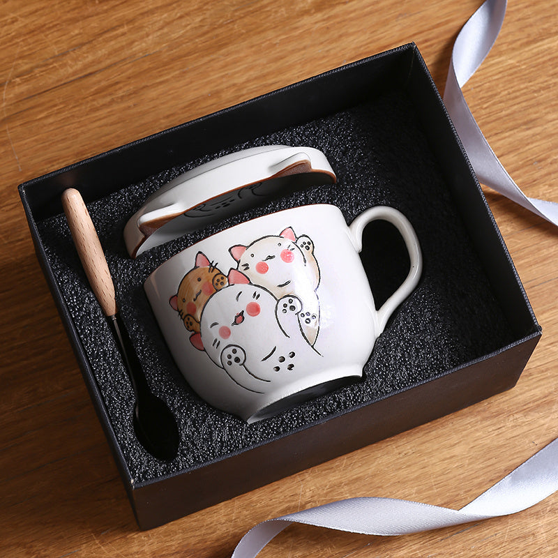 Ceramic Cup Gift Set with Lid, Large Capacity and Spoon Set in Gift Box