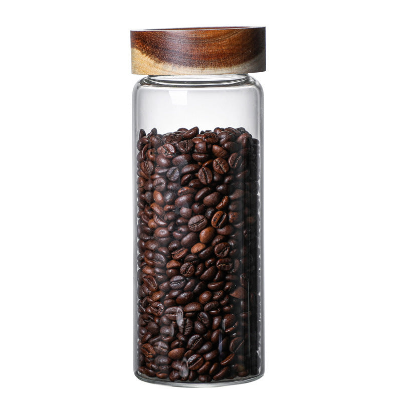 Acacia Wood Storage Tank with Glass Lid and Threaded Seal for Kitchen Organization