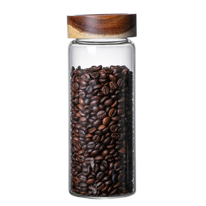 Acacia Wood Storage Tank with Glass Lid and Threaded Seal for Kitchen Organization