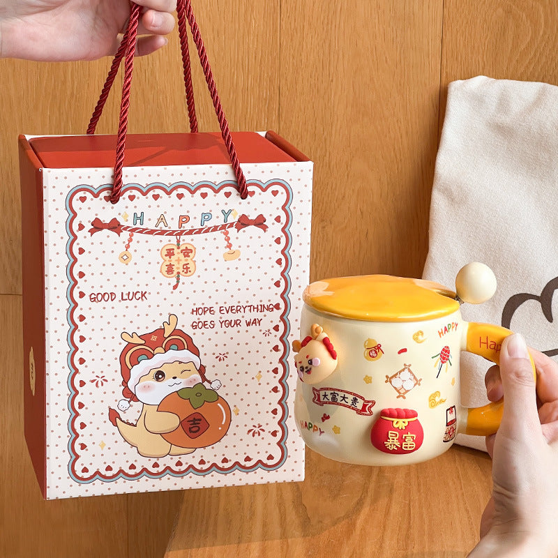 Good-looking Ceramic With Cover Spoon Hand Gift Couple Coffee Cup