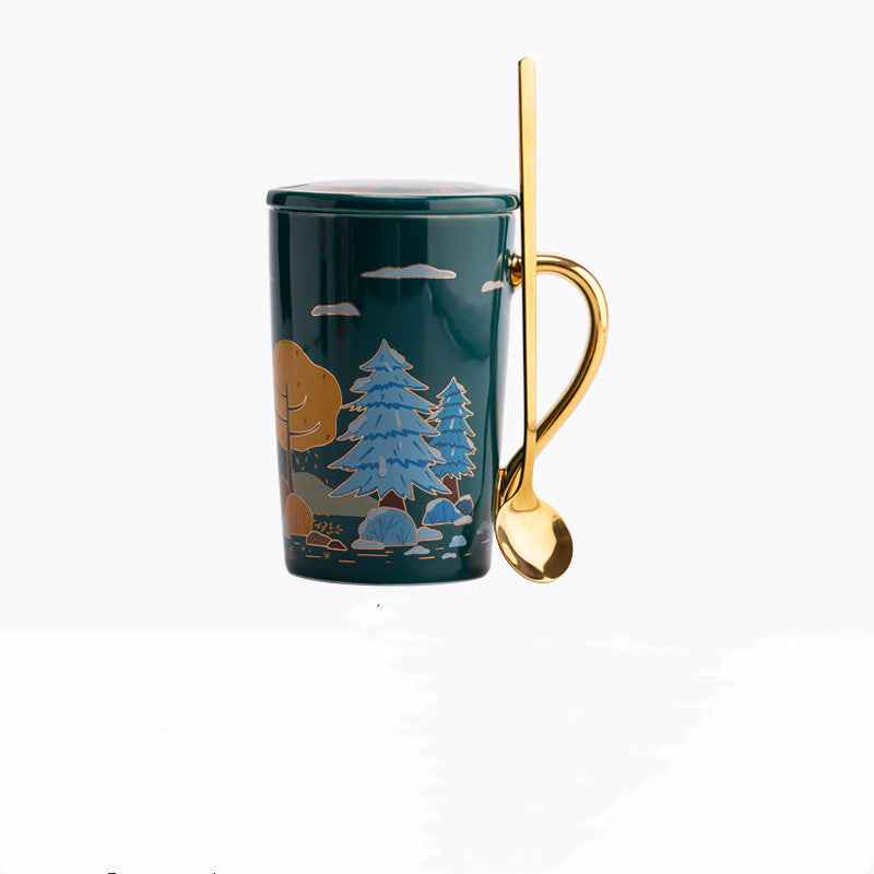 Coffee Ceramic Cup With Lid Spoon