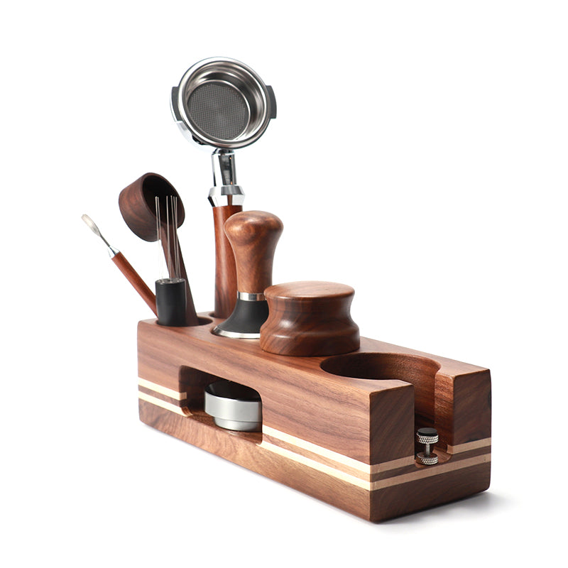 Natural Walnut Coffee Tamping Station and Portafilter Holder for Baristas