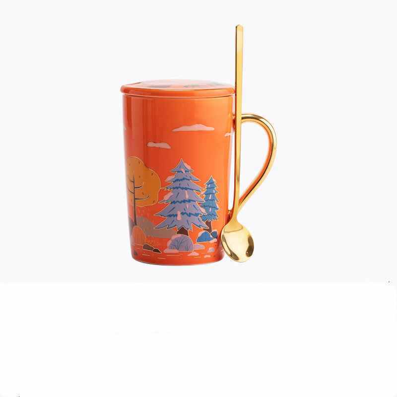 Coffee Ceramic Cup With Lid Spoon