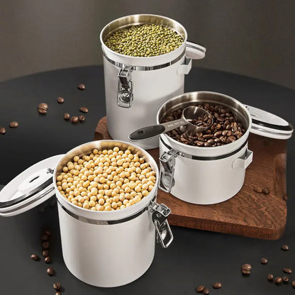 Stainless Steel Storage Tank for Coffee Beans, Tea, and Milk Powder with Scoop and Exhaust System