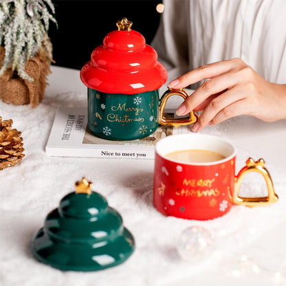 Gilt Christmas Tree Shaped Ceramic Mug With Lid