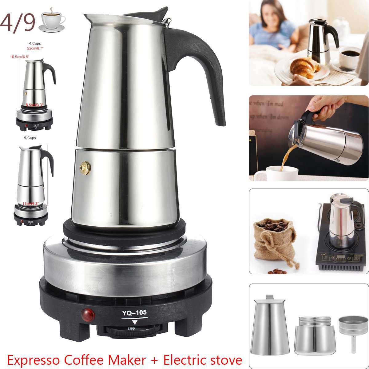 Stainless Steel Moka Pot Coffee Maker with Compact Electric Stove for Perfect Brews
