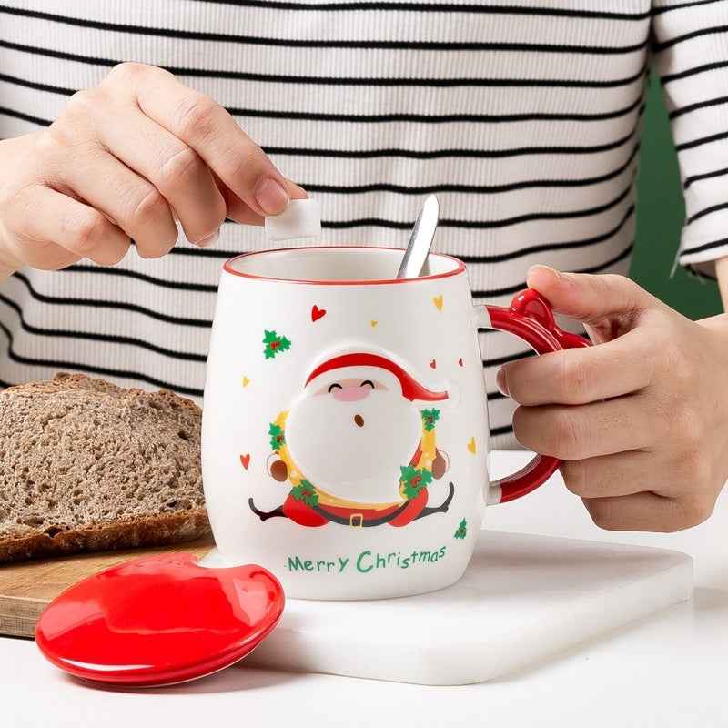 Christmas Ceramic Mug With Lid Spoon