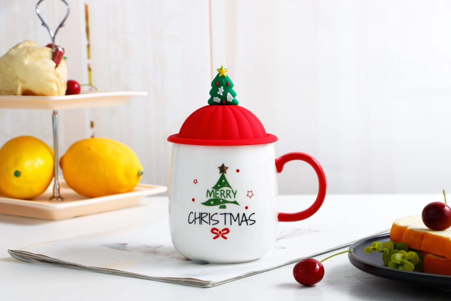 Mug With Lid Spoon  Xmas Cute Ceramic Mug