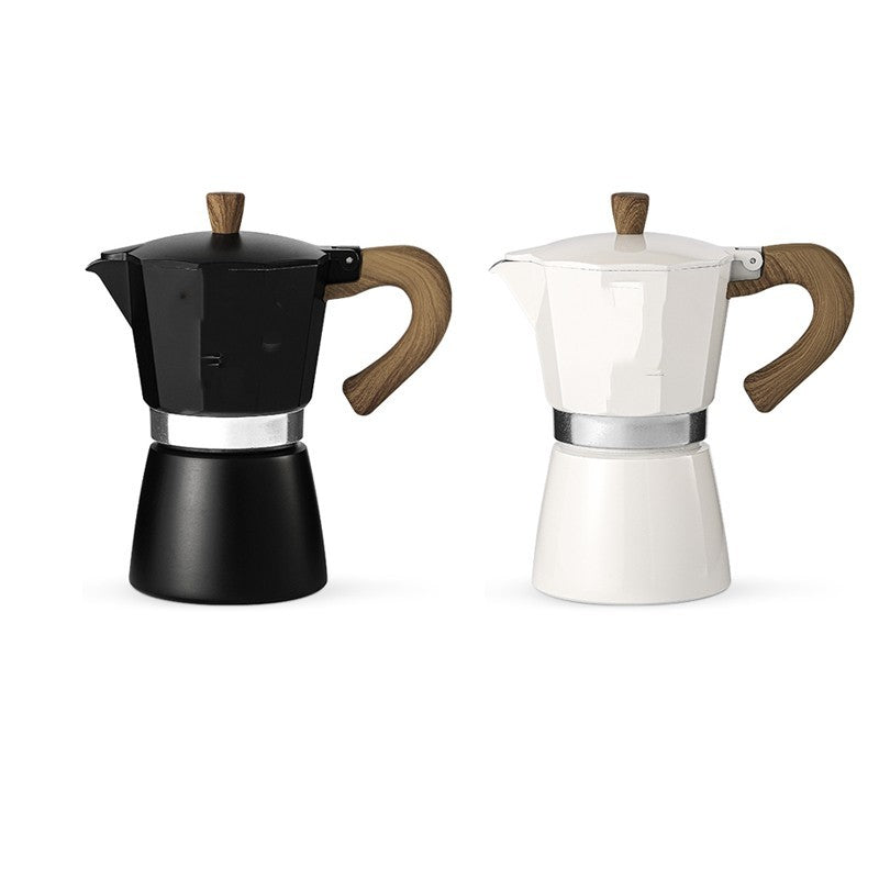 Two Moka pots, one black and one white, with wooden handles on a white background.