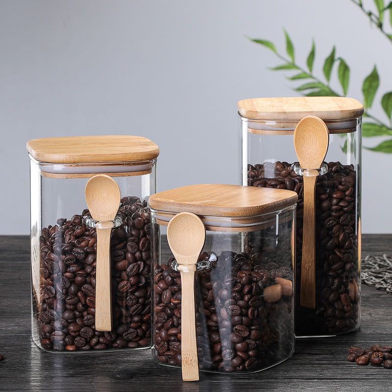 Glass Canister with Bamboo Lid and Spoon for Stylish Storage